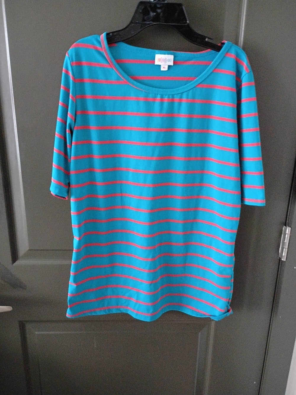 LuLaRoe Teal and Coral Striped Elbow-Sleeve Top